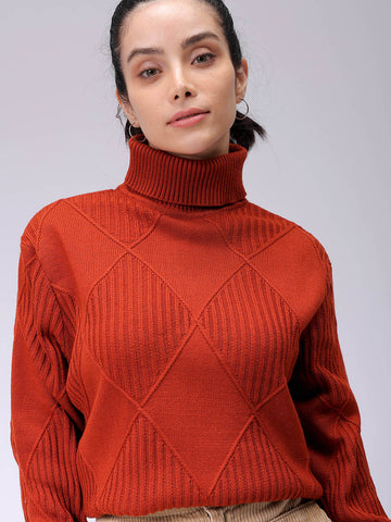 Women's Relaxed Fit Drop Shoulder High Neck Argyle Sweater