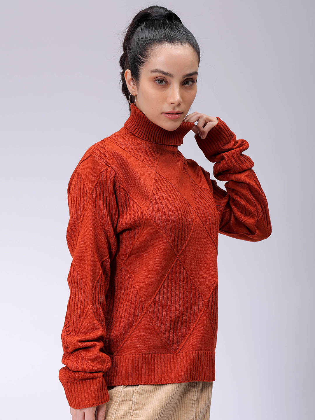 Women's Relaxed Fit Drop Shoulder High Neck Argyle Sweater