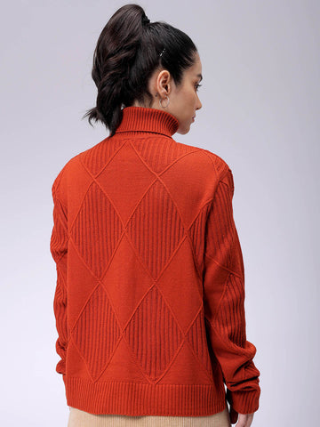 Women's Relaxed Fit Drop Shoulder High Neck Argyle Sweater