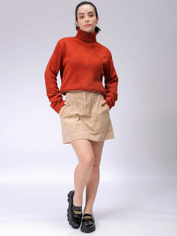 Women's Relaxed Fit Drop Shoulder High Neck Argyle Sweater