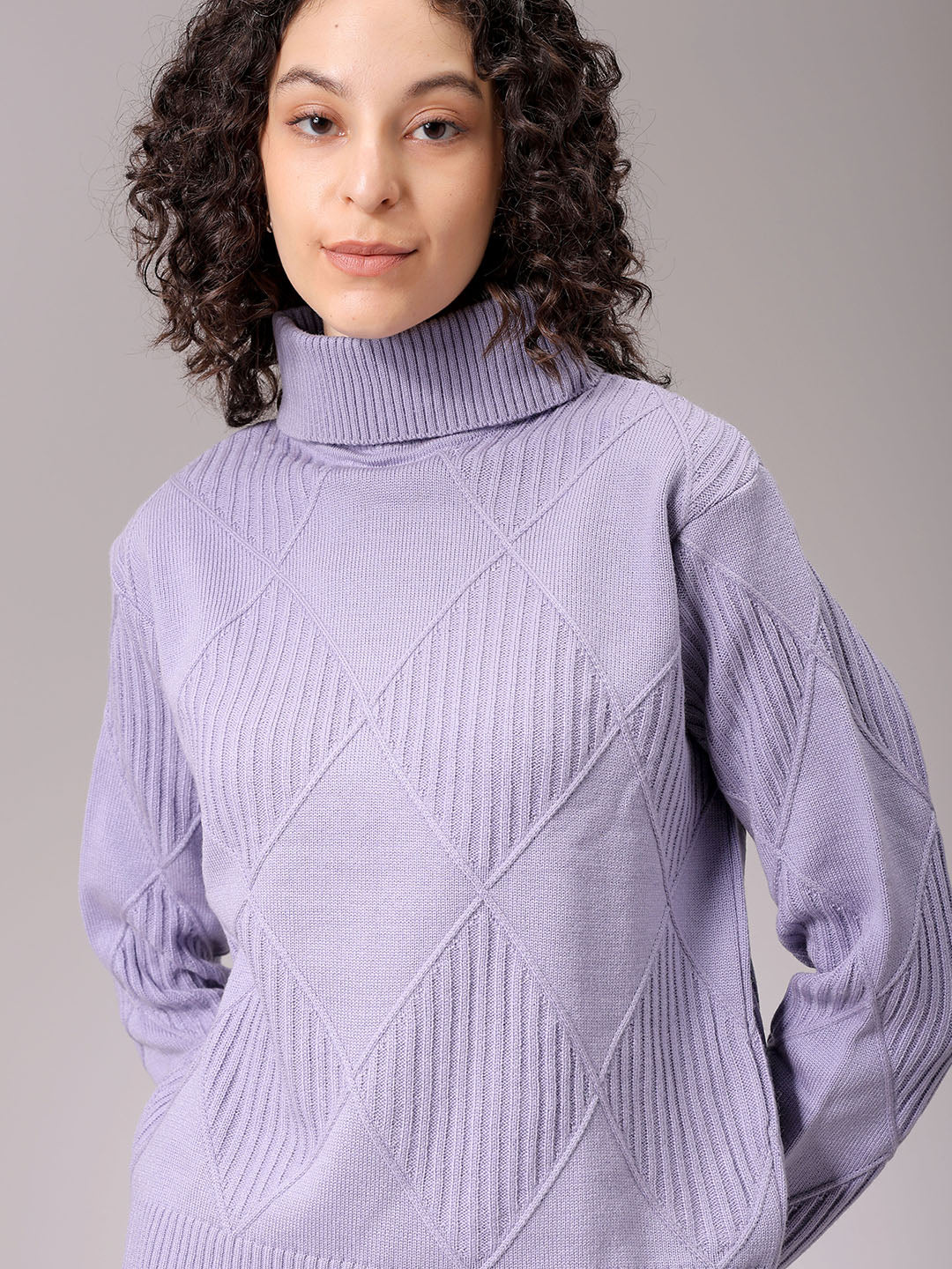 Women's Purple Relaxed Fit Argyle High Neck Sweater
