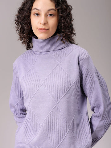 Women's Purple Relaxed Fit Argyle High Neck Sweater