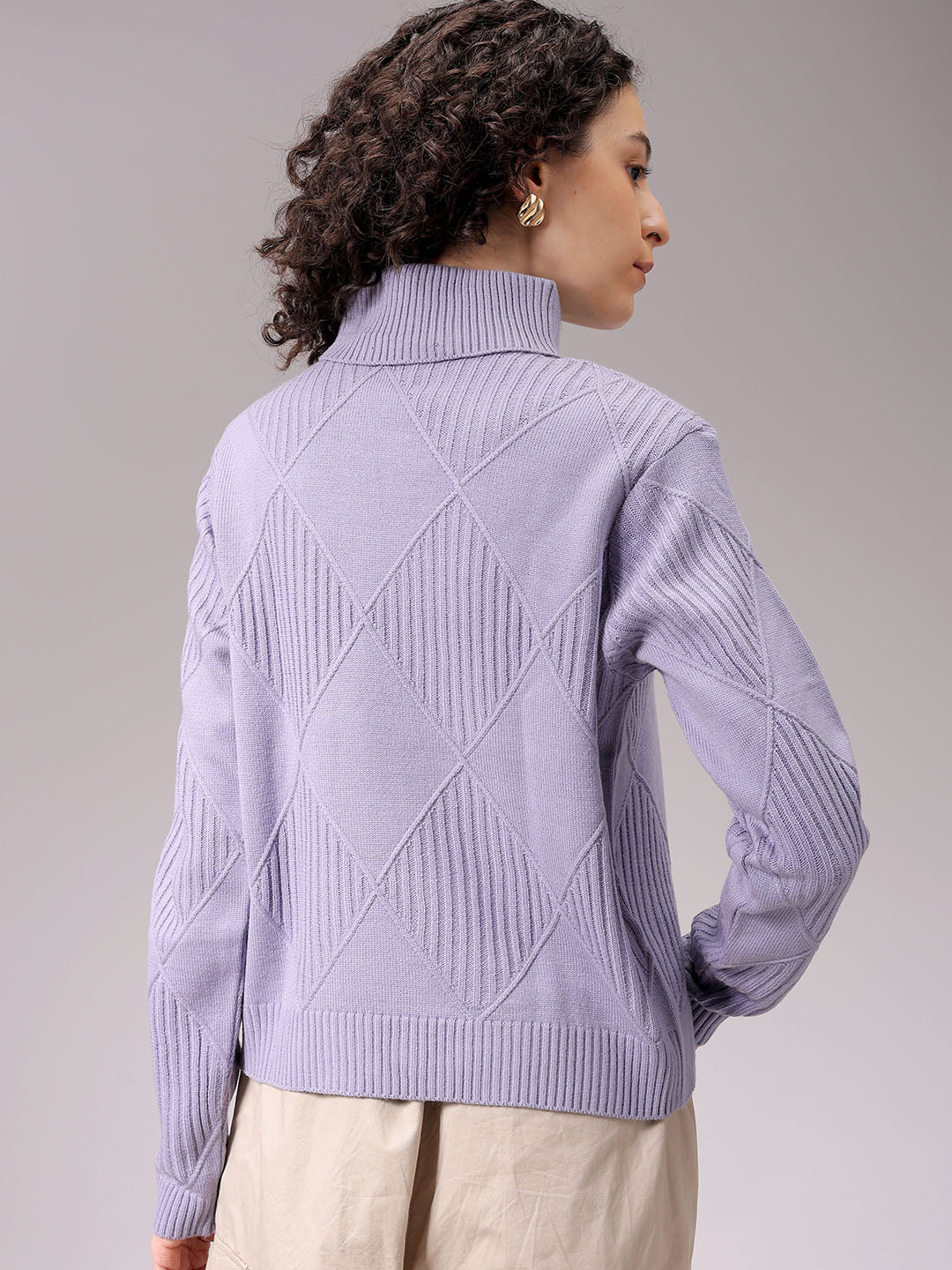 Women's Purple Relaxed Fit Argyle High Neck Sweater