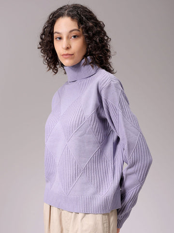 Women's Purple Relaxed Fit Argyle High Neck Sweater