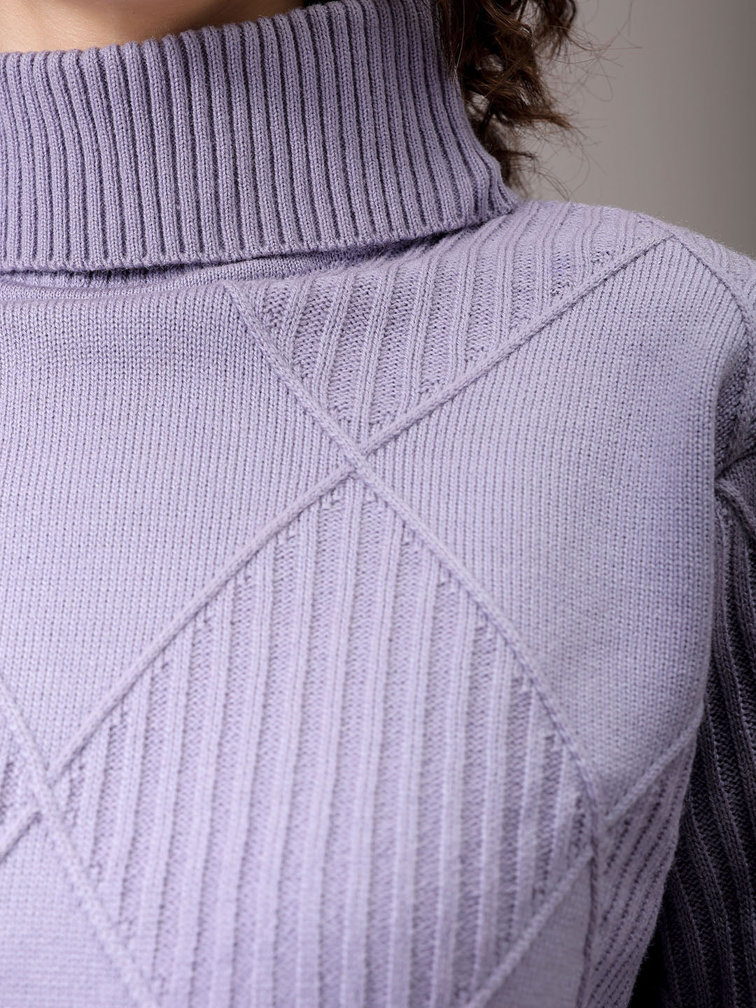 Women's Purple Relaxed Fit Argyle High Neck Sweater
