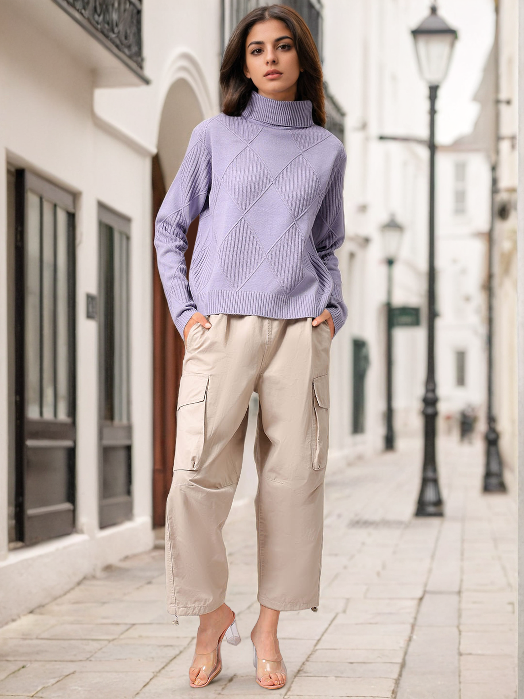 Women's Purple Relaxed Fit Argyle High Neck Sweater