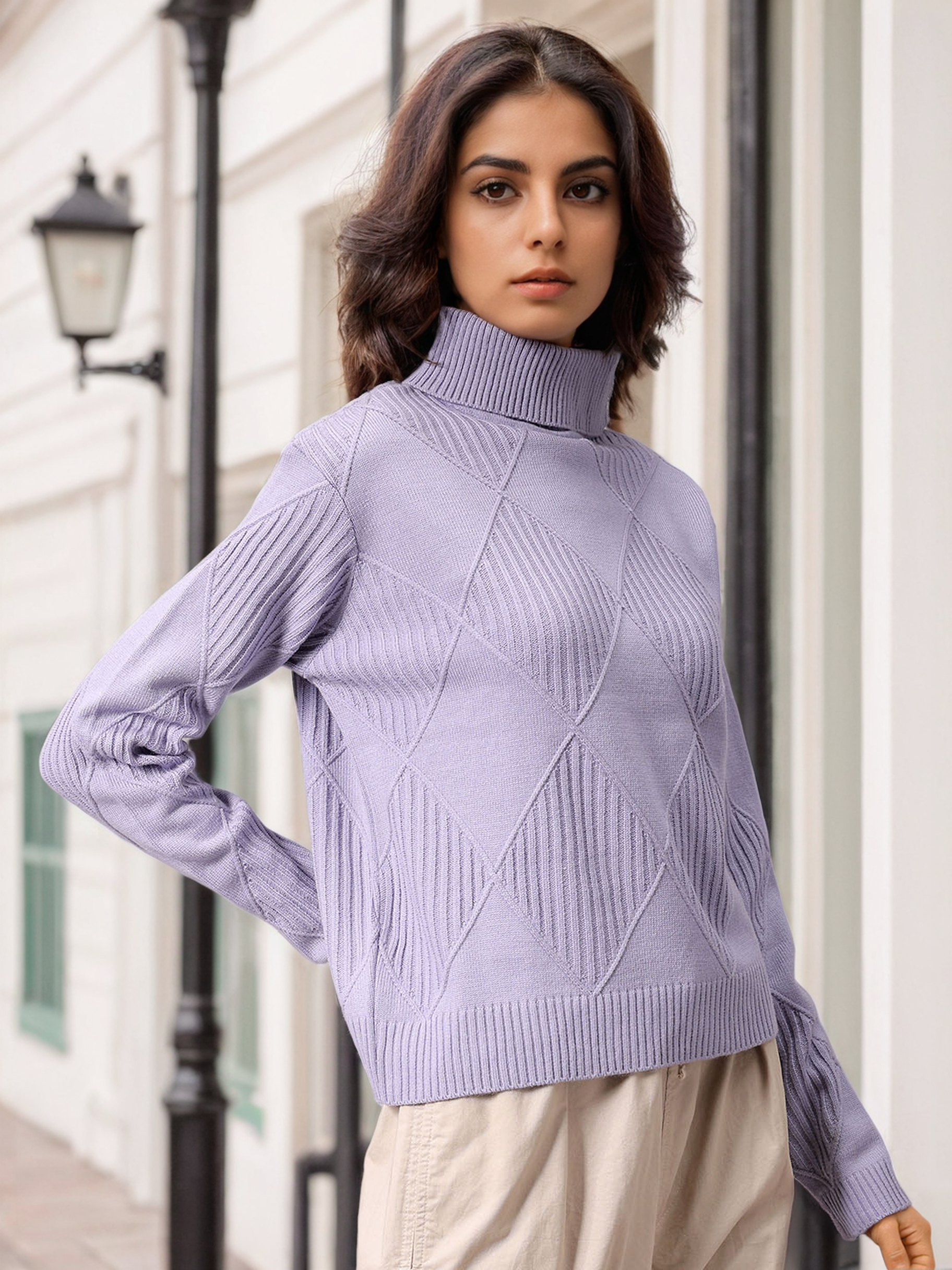 Women's Purple Relaxed Fit Argyle High Neck Sweater