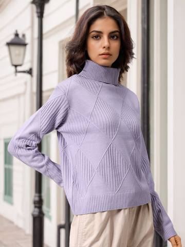 Women's Purple Relaxed Fit Argyle High Neck Sweater