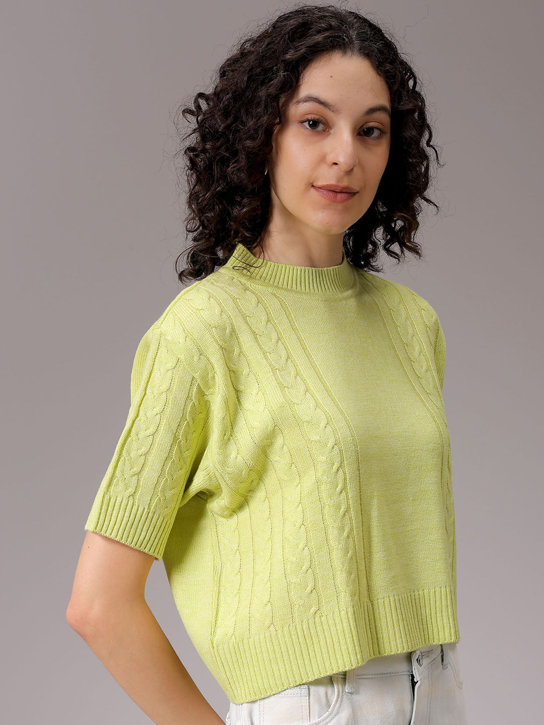 Women's Green Relaxed Fit Solid Sweater