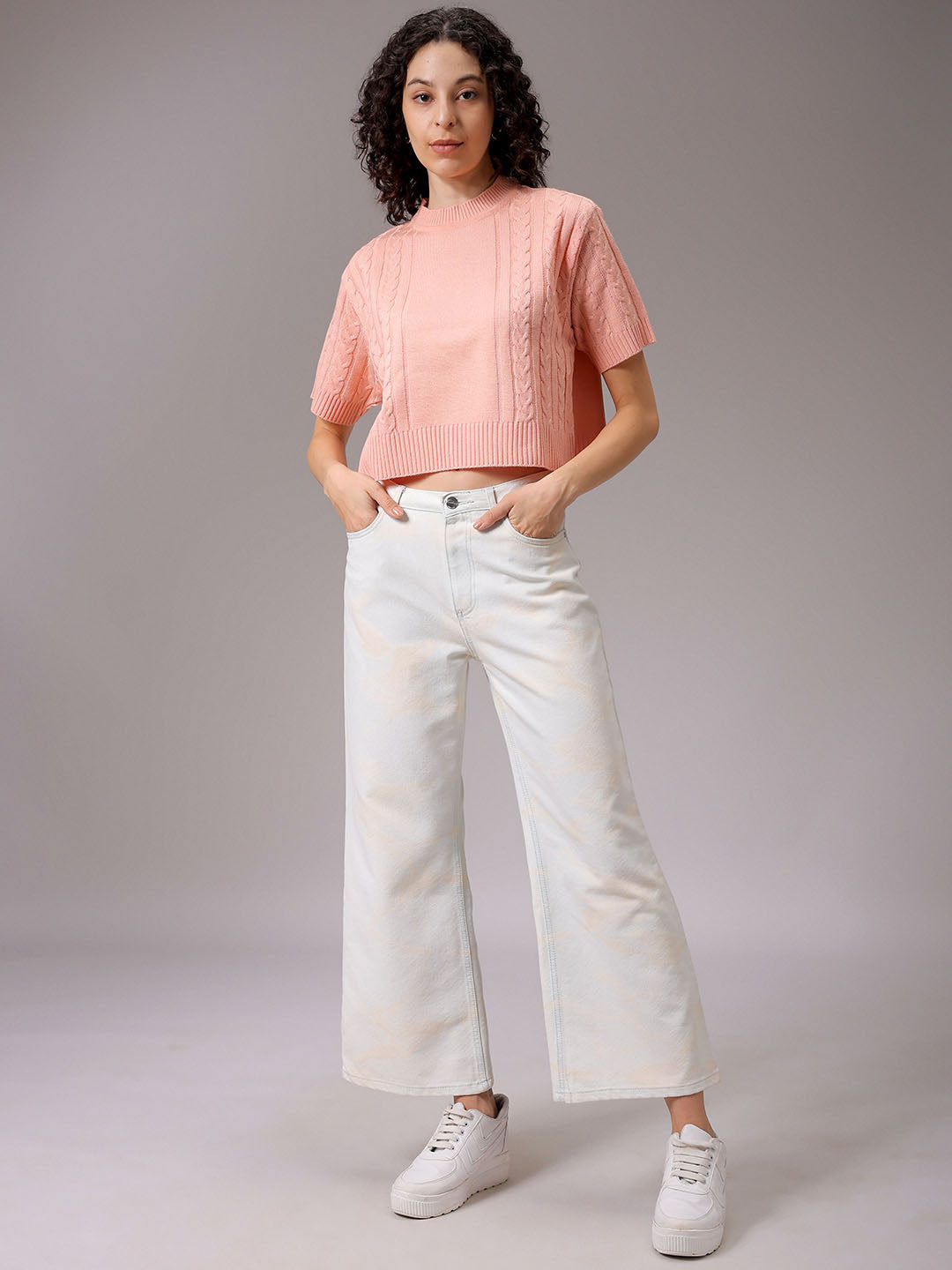 Women's Pink Relaxed Fit Solid Sweater