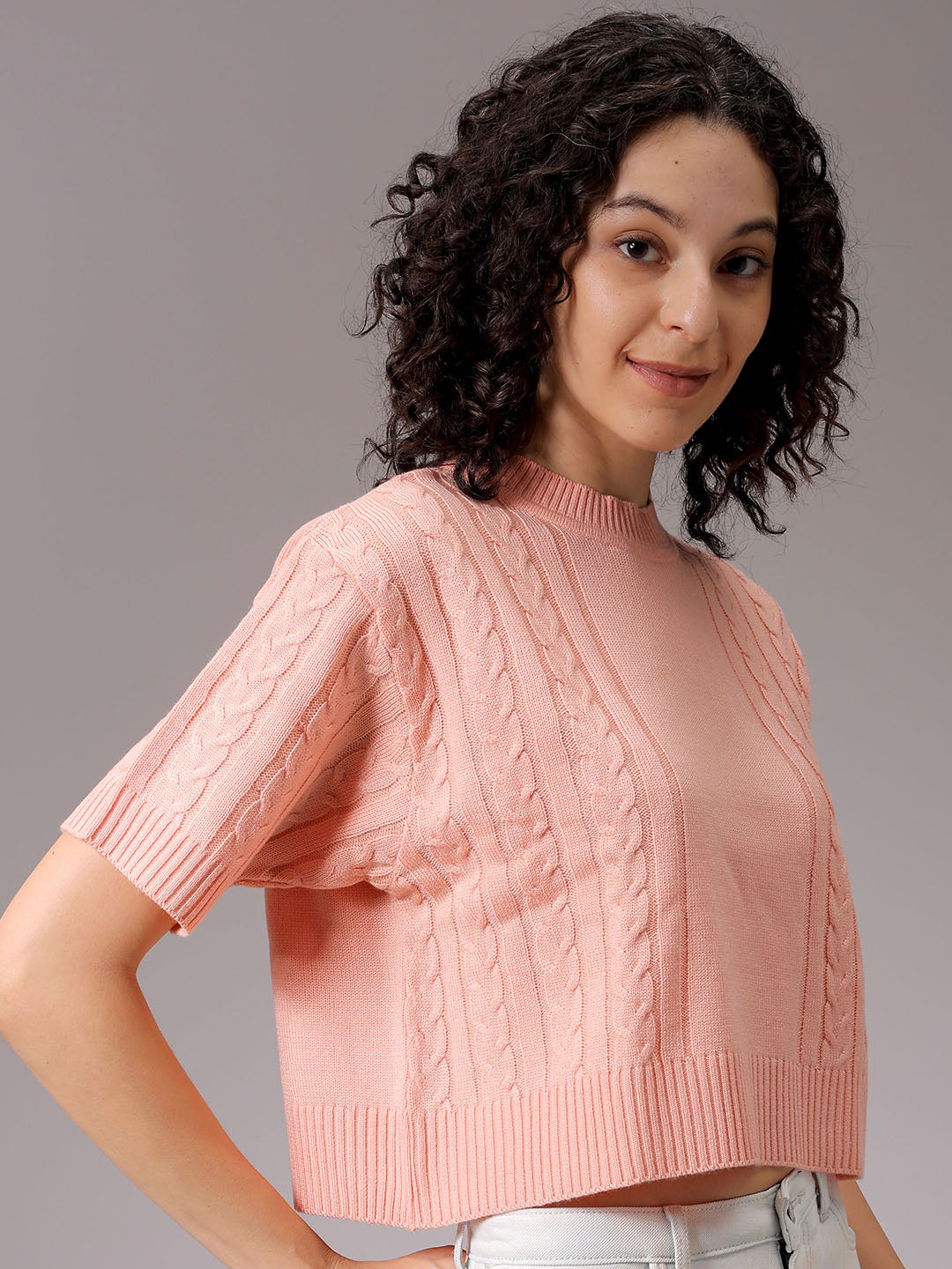 Women's Pink Relaxed Fit Solid Sweater
