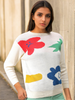 Women's Off White Loose Fit Floral Print Sweater