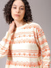 Women's White Regular Fit Geometric Printed Sweater