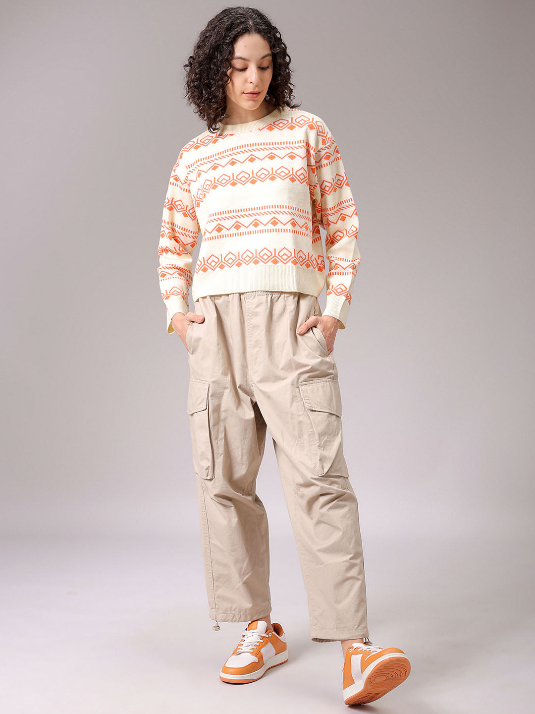 Women's White Regular Fit Geometric Printed Sweater