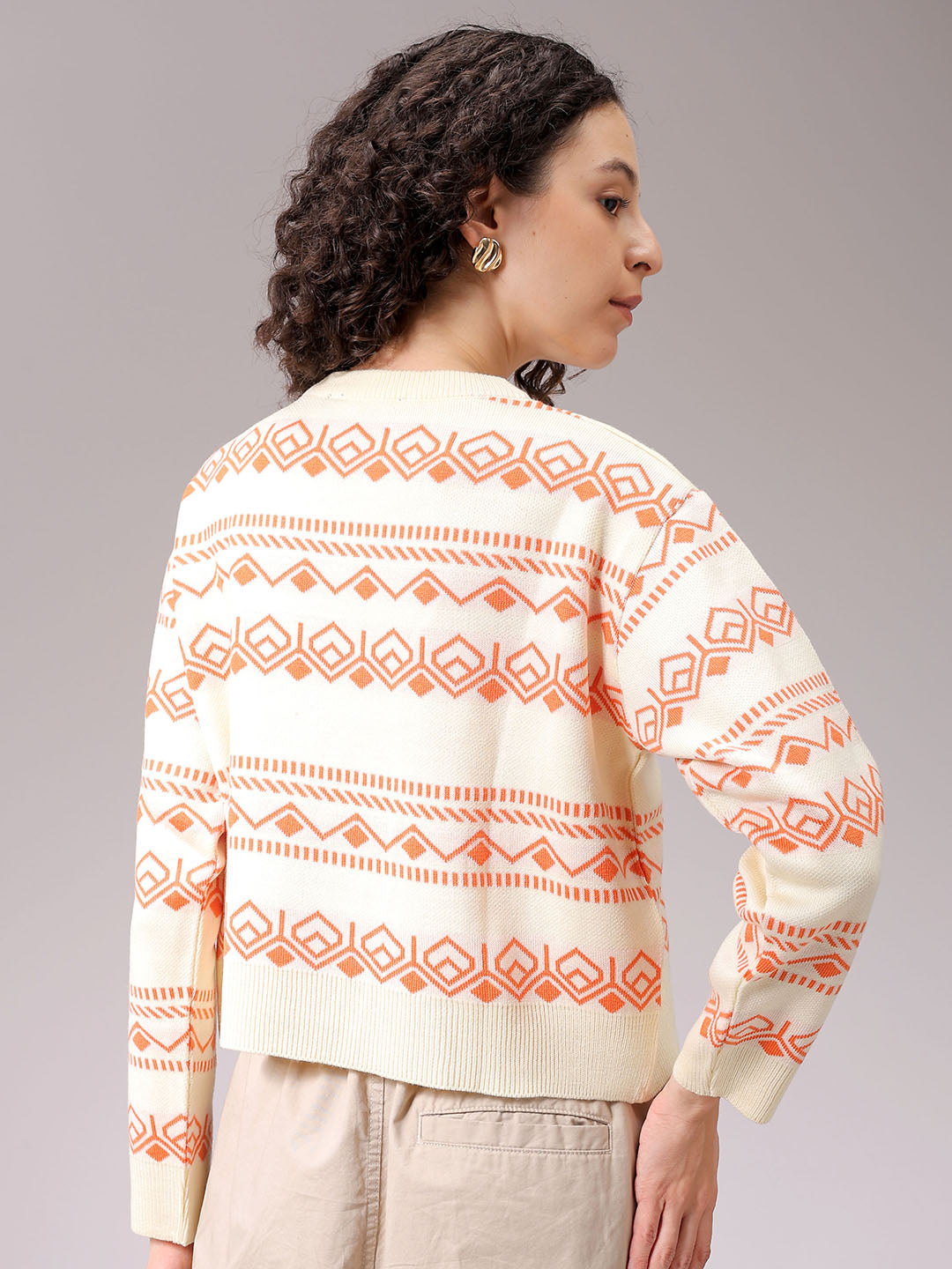 Women's White Regular Fit Geometric Printed Sweater