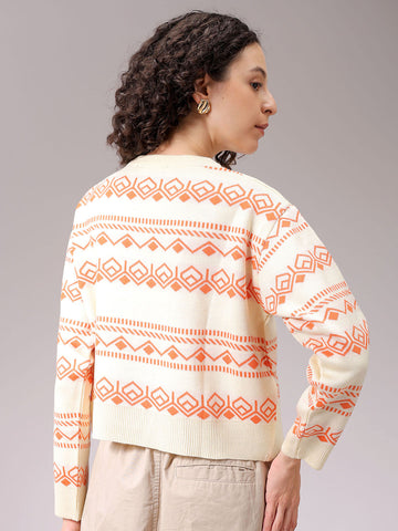 Women's White Regular Fit Geometric Printed Sweater