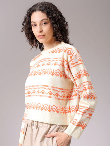 Women's White Regular Fit Geometric Printed Sweater