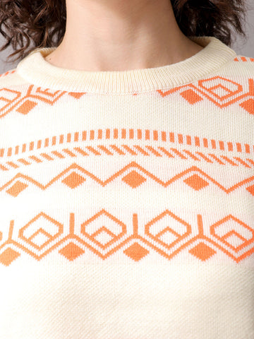 Women's White Regular Fit Geometric Printed Sweater