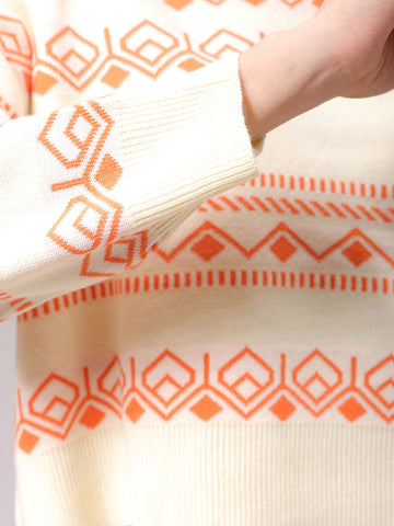 Women's White Regular Fit Geometric Printed Sweater