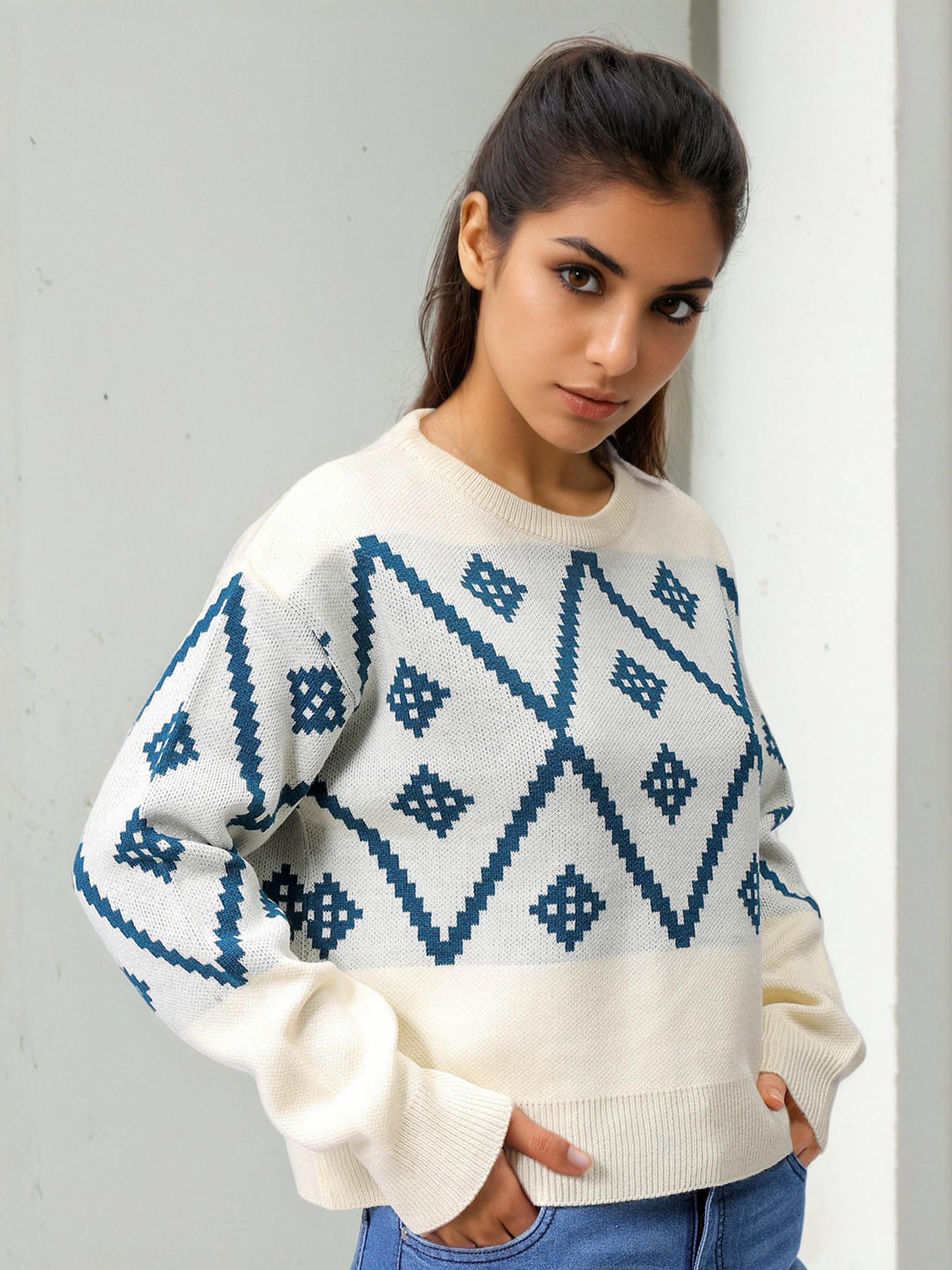 Women's Regular Fit Geometriec Round Neck Sweater