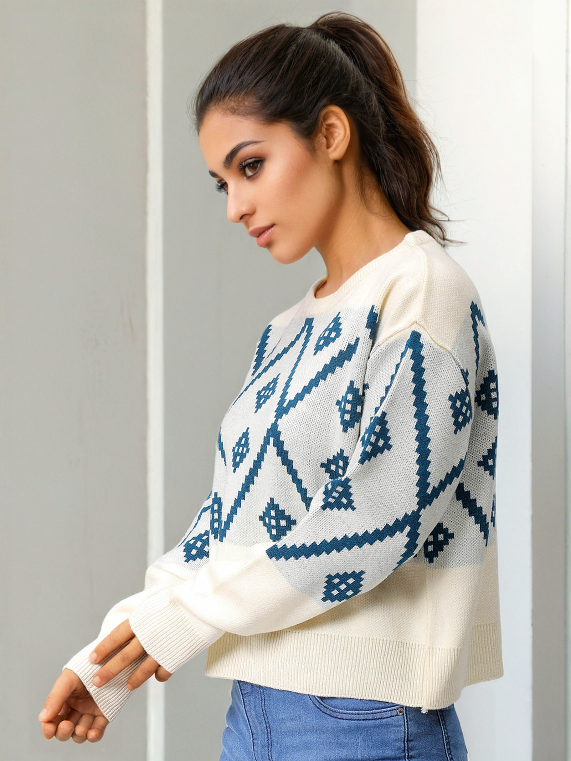 Women's Regular Fit Geometriec Round Neck Sweater