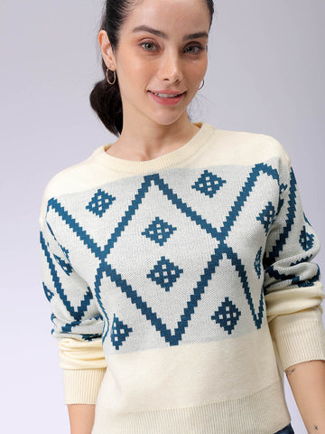 Women's Regular Fit Geometriec Round Neck Sweater