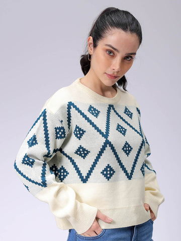 Women's Regular Fit Geometriec Round Neck Sweater