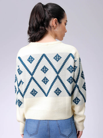 Women's Regular Fit Geometriec Round Neck Sweater