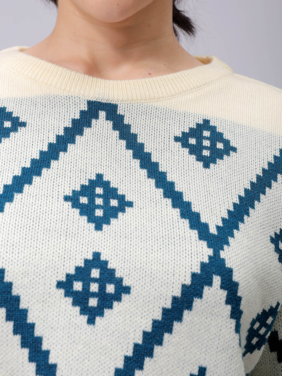 Women's Regular Fit Geometriec Round Neck Sweater