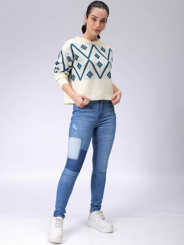 Women's Regular Fit Geometriec Round Neck Sweater