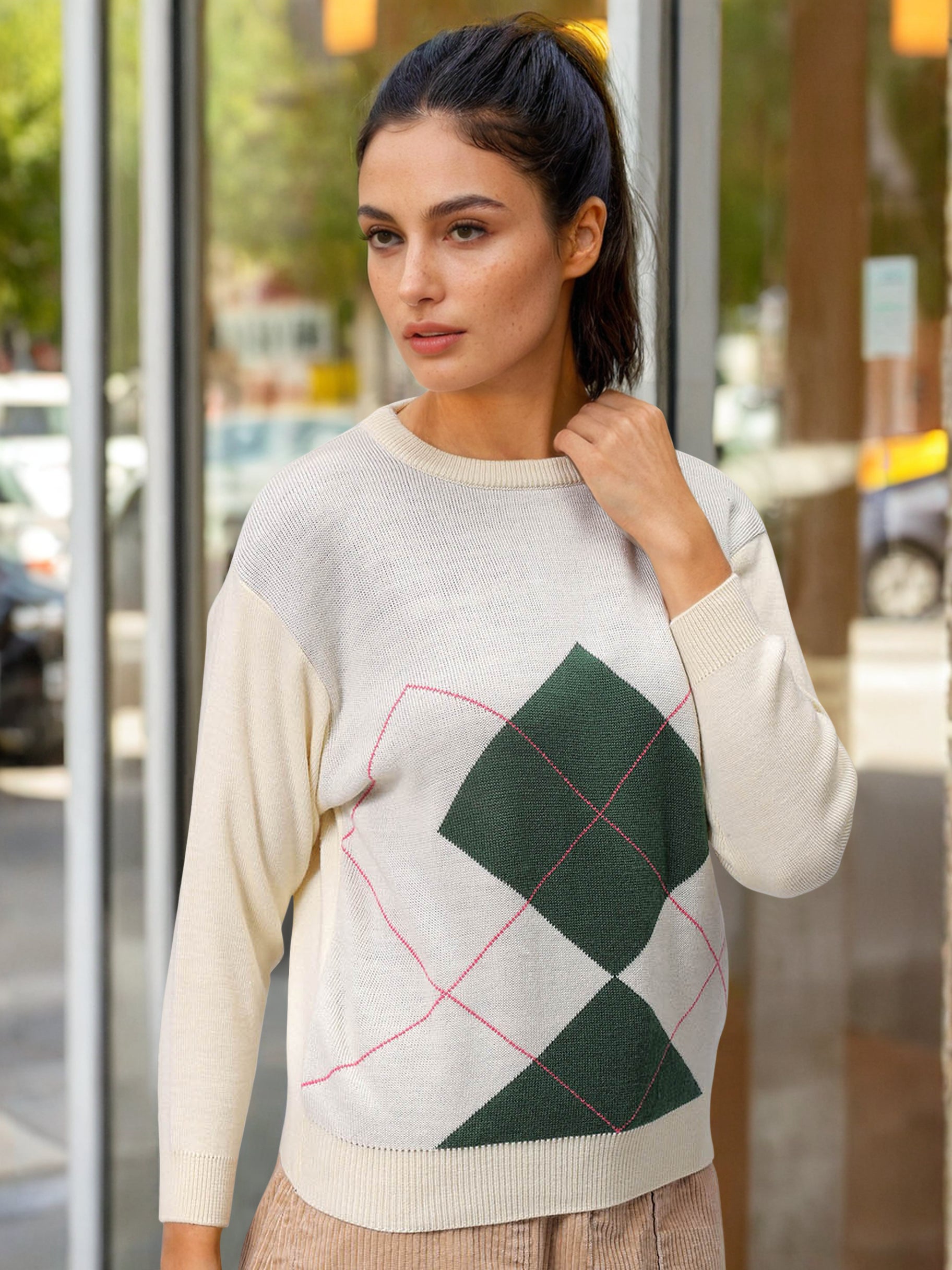 Women's Off White Relaxed Fit Argyle Sweater