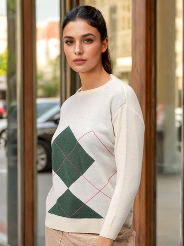 Women's Off White Relaxed Fit Argyle Sweater