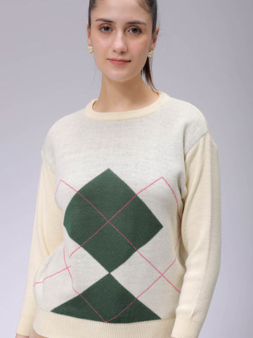 Women's Off White Relaxed Fit Argyle Sweater