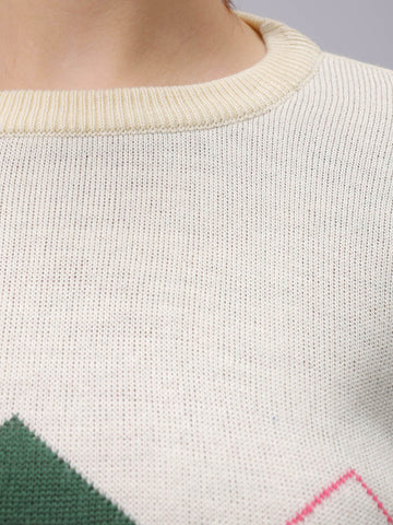 Women's Off White Relaxed Fit Argyle Sweater