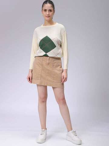 Women's Off White Relaxed Fit Argyle Sweater