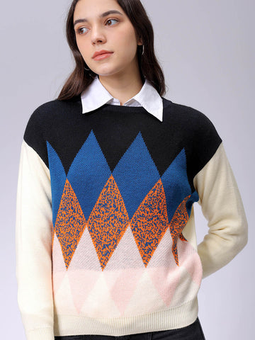 Women's Off White Relaxed Fit Argyle Print Sweater
