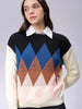 Women's Off White Relaxed Fit Argyle Print Sweater