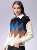 Women's Off White Relaxed Fit Argyle Print Sweater