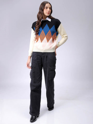 Women's Off White Relaxed Fit Argyle Print Sweater