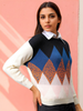 Women's Off White Relaxed Fit Argyle Print Sweater