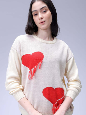 Women's Off White Loose Fit Placement Embroidered Sweater