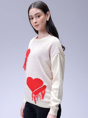 Women's Off White Loose Fit Placement Embroidered Sweater