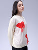 Women's Off White Loose Fit Placement Embroidered Sweater