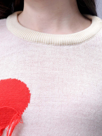 Women's Off White Loose Fit Placement Embroidered Sweater