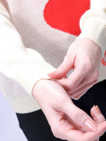 Women's Off White Loose Fit Placement Embroidered Sweater