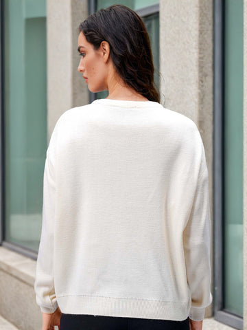 Women's Off White Loose Fit Placement Embroidered Sweater