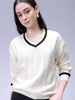 Women's Off White Loose Fit Solid Sweater