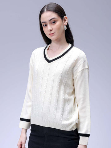 Women's Off White Loose Fit Solid Sweater