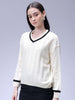Women's Off White Loose Fit Solid Sweater