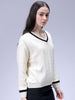 Women's Off White Loose Fit Solid Sweater